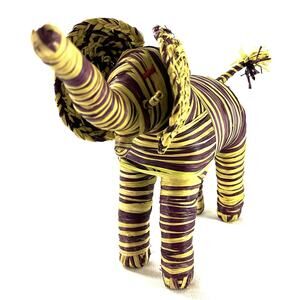 Handmade Woven Elephant Figurine Yellow Purple African Folk Art 11” Long